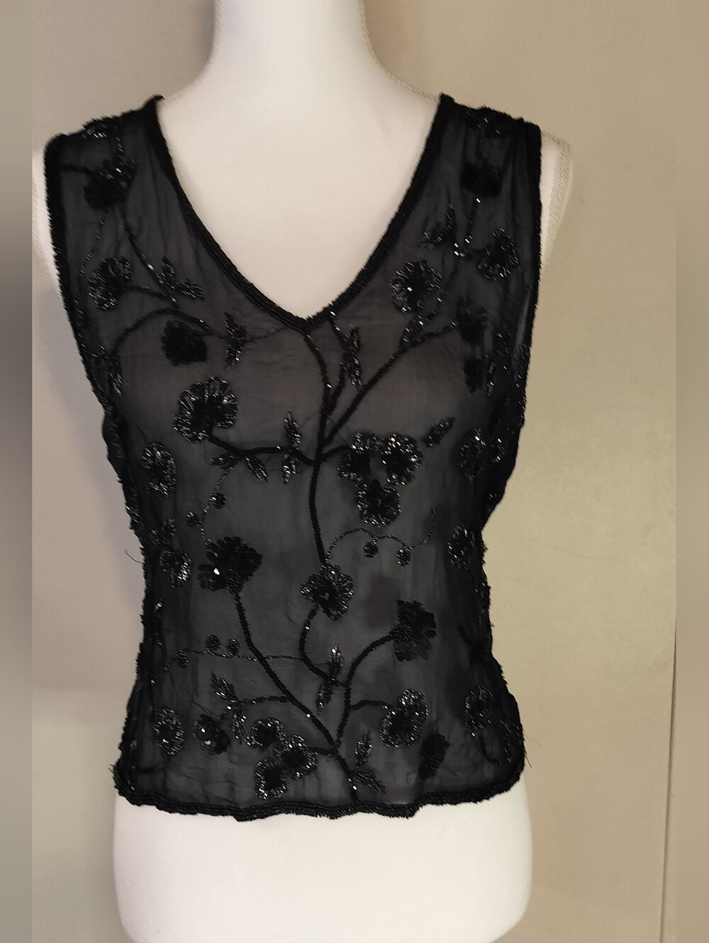 Women's Black Beaded Sheer V-Neck Top